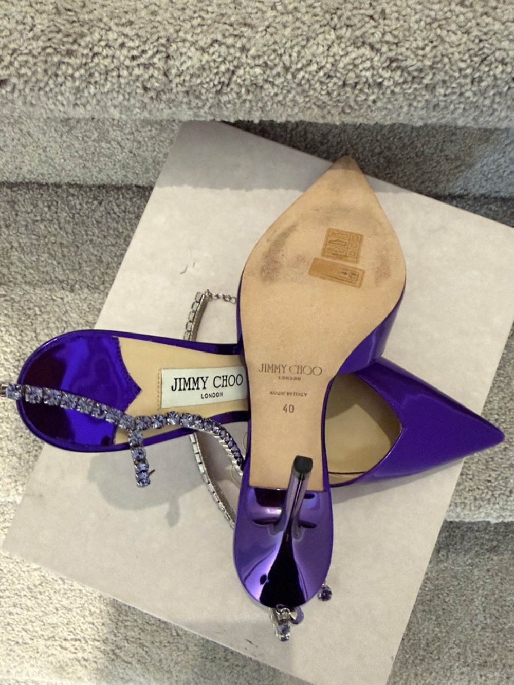 Jimmy Choo Metallic Purple Crystal T-Strap Pointed Slingback Heels - Picture 10 of 17
